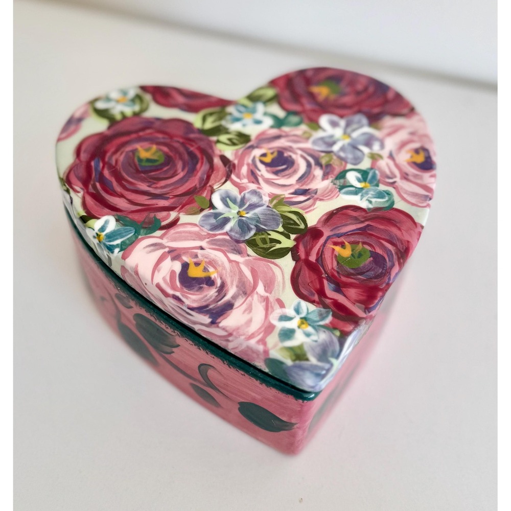 Vintage Lesal Ceramics 6" Heart Trinket Box: Floral Pottery Dish
